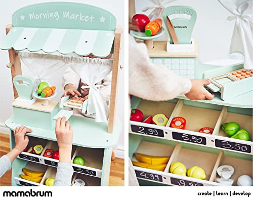 mamabrum Puesto de Mercado de Madera para Niños, Tienda de la Compra, Mercado con Accesorios, 2 en 1: Teatro y Puesto con Báscula, Bolardo, Punto de Venta con Frutas y Verduras