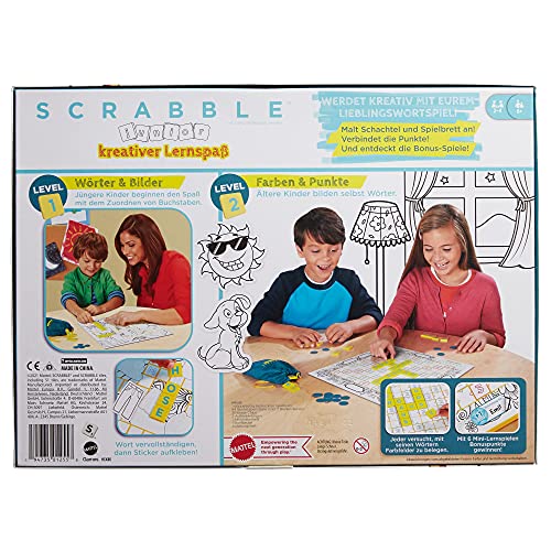 Mattel Games HCK86 Scrabble Junior Kids - Puzle con 2 Niveles de Juego, 6 minijuegos y Pegatinas para el diseño Individual de Tablero de Juego, a Partir de 6 años