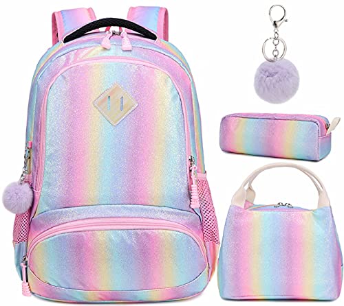 Mochila Rainbow Glitter para niñas - Mochila Preescolar para niños Lindos Mochila de Viaje Ligera Mochila Informal Encantadora Regalo para niñas 3 Packs - Rainbow