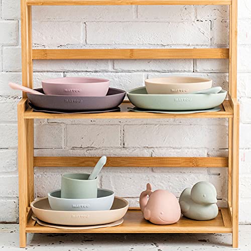 Nattou Vajilla de silicona para niños, 4 piezas, 1 Taza, 1 cuchara, 1 plato, 1 bol, Antideslizante, Sin BPA, Silicona, Beige/Verde