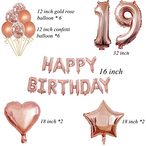 Oumezon Decoración de cumpleaños para niñas de 19 años, color oro rosa, decoración para el 19 cumpleaños para niñas y jóvenes, guirnalda Happy Birthday globos de confeti,