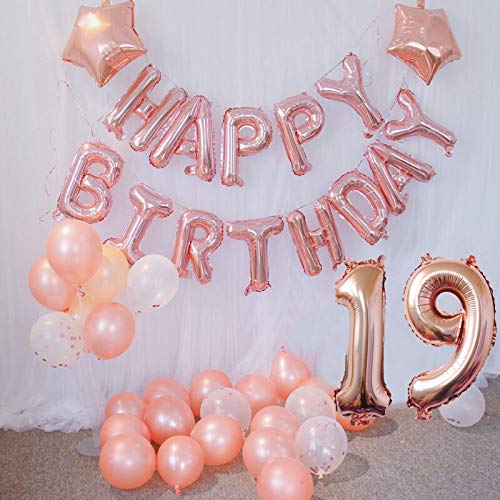 Oumezon Decoración de cumpleaños para niñas de 19 años, color oro rosa, decoración para el 19 cumpleaños para niñas y jóvenes, guirnalda Happy Birthday globos de confeti,