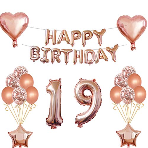 Oumezon Decoración de cumpleaños para niñas de 19 años, color oro rosa, decoración para el 19 cumpleaños para niñas y jóvenes, guirnalda Happy Birthday globos de confeti,