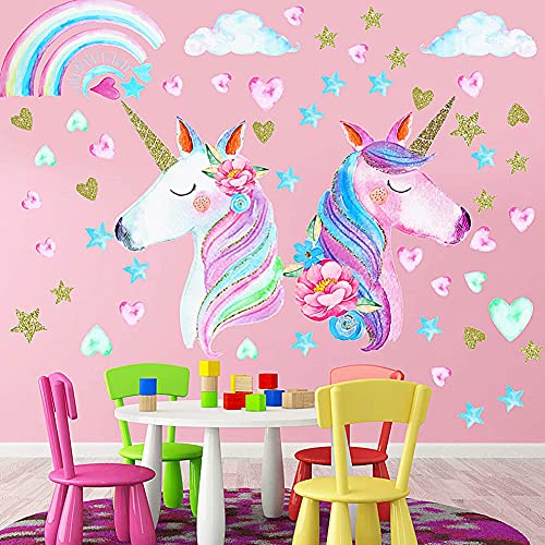 Pegatinas de Pared de Unicornio,QSXX 4 Hojas de Pegatinas Pared Unicornio,Diseño Unicornio Con Corazones y Estrellas Pegatinas Decoración para Niñas,Niños,Dormitorio,Guardería,Cumpleaños,Fiesta,Favor