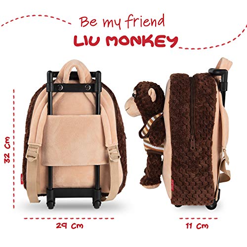 PERLETTI Mochila Trolley Infantil con Monito de Peluche - Bolsa con Ruedas y Juguete Muñeco para Niños Niñas 3 4 5 Años - Pequeño Bolso Escolar para Escuela Guardería Viaje - 29x33x11 cm (Mono)