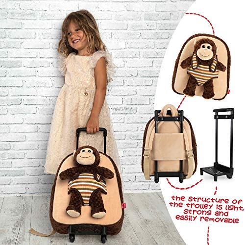 PERLETTI Mochila Trolley Infantil con Monito de Peluche - Bolsa con Ruedas y Juguete Muñeco para Niños Niñas 3 4 5 Años - Pequeño Bolso Escolar para Escuela Guardería Viaje - 29x33x11 cm (Mono)