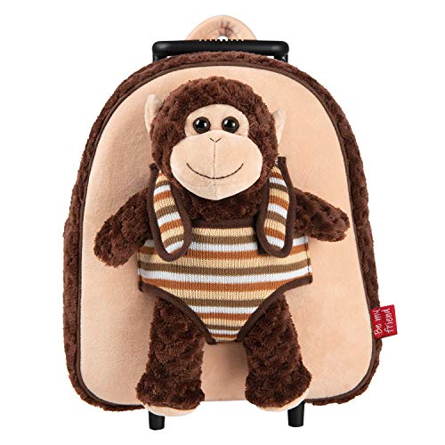 PERLETTI Mochila Trolley Infantil con Monito de Peluche - Bolsa con Ruedas y Juguete Muñeco para Niños Niñas 3 4 5 Años - Pequeño Bolso Escolar para Escuela Guardería Viaje - 29x33x11 cm (Mono)