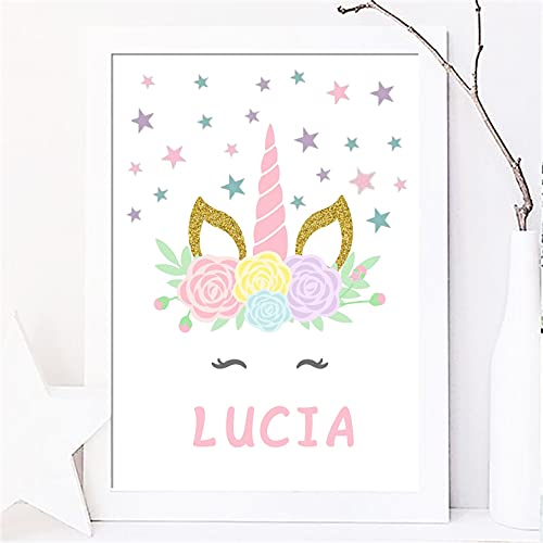 Pintar por Números Personalizado. Con marco. DIY Pintura Manualidades Unicornio, Decoración habitación infantil. Regalo original Niños Niñas Navidad, Comunión, cumpleaños (UNICORNIO)
