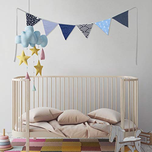 PREMYO Banderines de Tela Infantiles - Guirnaldas Decoración Habitación Bebé Niño - Triángulos Colores Azul