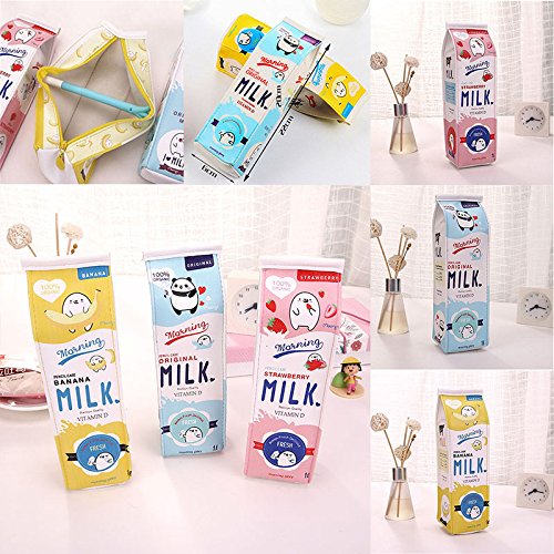 PUYEI Estuche de lápices con diseño de leche, resistente al agua, con capacidad para guardar lápices, diseño de dibujos animados, simulación de cartón de leche