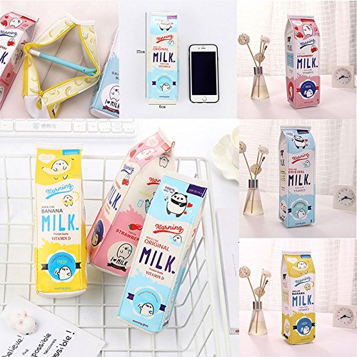 PUYEI Estuche de lápices con diseño de leche, resistente al agua, con capacidad para guardar lápices, diseño de dibujos animados, simulación de cartón de leche