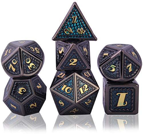 Schleuder Dados de rol Dungeons and Dragons, Dice Set Metal Zinc Aleación DND Poliedricos Dado Juegos de rol, Juego de Dados D&D para Dragones y Mazmorras RPG MTG Juego de Mesa (Golden and Blue)