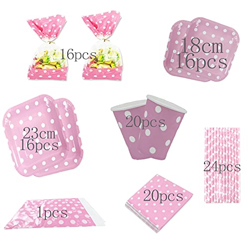 Set de Artículos Vajilla Desechables para Fiesta de Cumpleaños :Platos,Vasos,Servilletas,Mantel,Bolsas de Caramelos,Pajitas, Color Rosa a Lunares Para 16 Invitados