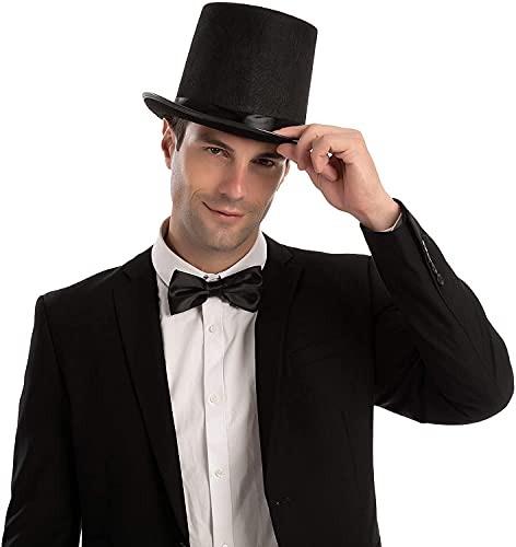 Sombrero de Copa de Colore Negro, Gorro de Fieltro Satén, Chistera Mago Hombre con Cinta de Raso para Disfraces Cosplay Carnaval Halloween (Negro, Talla única)