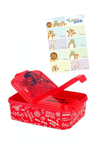 Spider-Man - Fiambrera para niños, diseño de Spider-Man con 3 compartimentos y pegatinas de nombre para niños