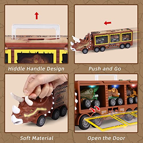 Tacobear Camión Dinosaurios Juguetes con Luces y Sonidos Camión de Transporte con Coches de Juguetes Pequeños Figuras Dinosaurios Camion Juguete Regalo para Niños Niñas 3 4 5 6 Años (Marrón)