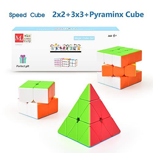 TOYESS Cubo de Velocidad, Speed Cube Set de 2x2 3x3 Pirámide, Rompecabezas Juguetes & Regalo para Niños & Adulto, Stickerless (3 Pack)