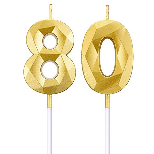 Velas de Número de Cumpleaños 80 Velas de Pastel en Forma de Diamante 3D Topper Decoración de Torta de Número 80 para Celebración Aniversario Bodas Cumpleaños, Oro