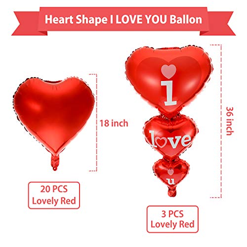 WILLBOND Paquete de 20 Globos en Forma de Corazón Rojos, 3 Globos de I Love U, Globos de Amor de Helio para Decoración de Día de San Valentín Boda Cumpleaños Regalo, Cinta Incluida
