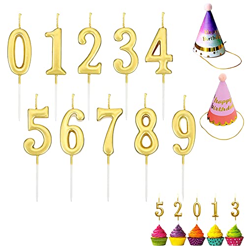 10 velas de número de pastel de cumpleaños 2 sombreros de fiesta, número dorado 0-9 decoración de fiesta de cumpleaños con vela de cumpleaños decoración de pastel