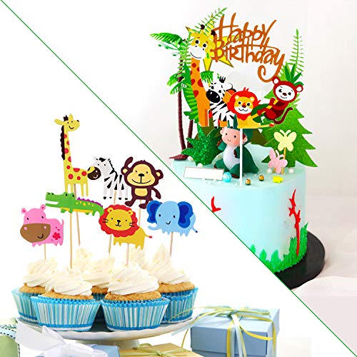 35 pcs decoración para tarta animales+guirnalda feliz Selva Fiesta cumpleaños Decoracion niños niño niña,decoración tartaanimales para niños Cumpleaños BabyShower Decoración(1er,3do,5er año cumpleaños