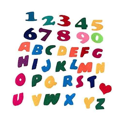 37 piezas autoadhesivas de fieltro con letras y números para pegar niños, coloridas pegatinas con purpurina, corazón alfabeto figuras, piezas fieltro perforadas para pegar el cono escolar manualidades