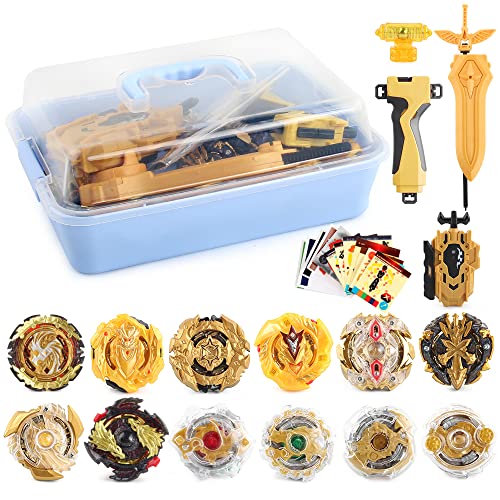 3T6B 12 Pcs Peonzas Juguetes Conjunto, con Caja de Aluminio Portátil, Gyro Spinner Estuche Set con 2 Burst Turbo Launcher, Cumpleaños, Navidad Regalo para los Niños, Dorado