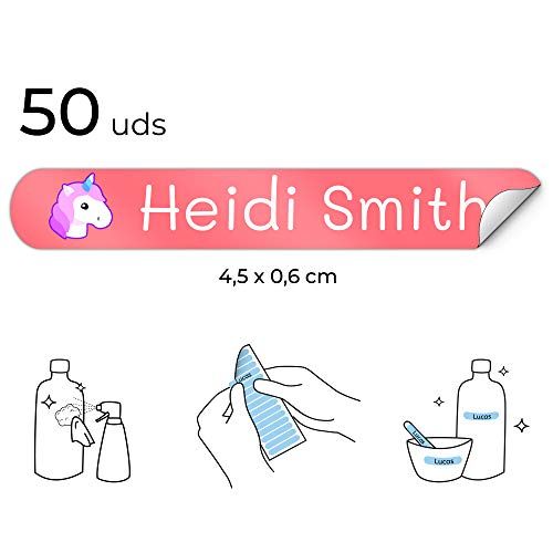 50 Etiquetas Adhesivas Personalizadas para lápices, bolis y rotuladores. Pegatinas escolares con nombre para marcar objetos. Adhesivos resistentes al agua para colegio y guardería Medida 4,6 x 0,6 cm