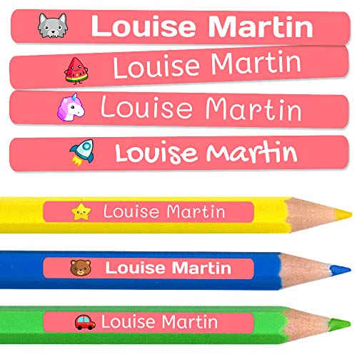 50 Etiquetas Adhesivas Personalizadas para lápices, bolis y rotuladores. Pegatinas escolares con nombre para marcar objetos. Adhesivos resistentes al agua para colegio y guardería Medida 4,6 x 0,6 cm