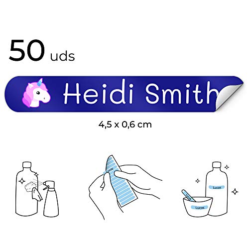 50 Etiquetas Adhesivas Personalizadas para lápices, bolis y rotuladores. Pegatinas escolares con nombre para marcar objetos. Adhesivos resistentes al agua para colegio y guardería Medida 4,6 x 0,6 cm
