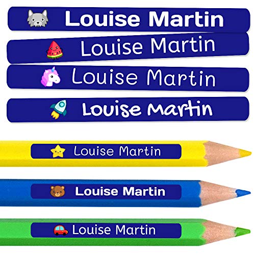 50 Etiquetas Adhesivas Personalizadas para lápices, bolis y rotuladores. Pegatinas escolares con nombre para marcar objetos. Adhesivos resistentes al agua para colegio y guardería Medida 4,6 x 0,6 cm