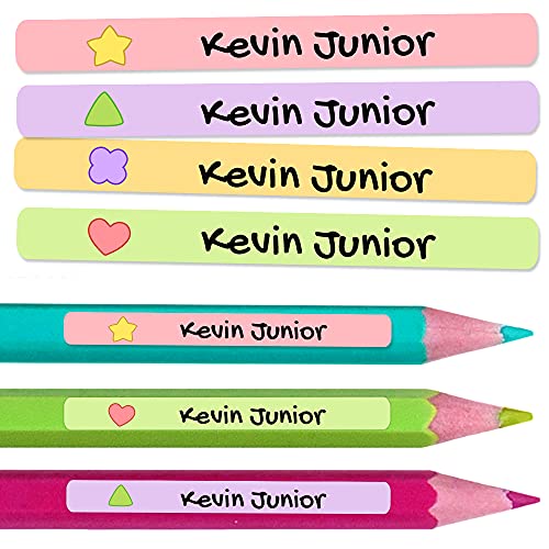 50 Pegatinas Personalizadas con Nombre para material escolar. Etiquetas adhesivas mini de colores. Vinilo adhesivo identificativo impermeable para bolis y lápices. Tamaño 4,6 x 0,6 cm