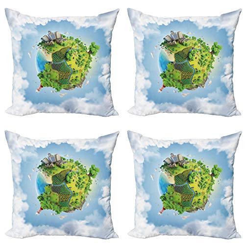 ABAKUHAUS Mundo Set de 4 Fundas para Cojín, De Dibujos Animados Globo Verde, Estampado Digital en Ambos Lados y Cremallera, 60 cm x 60 cm, Verde Azul pálido Blanca