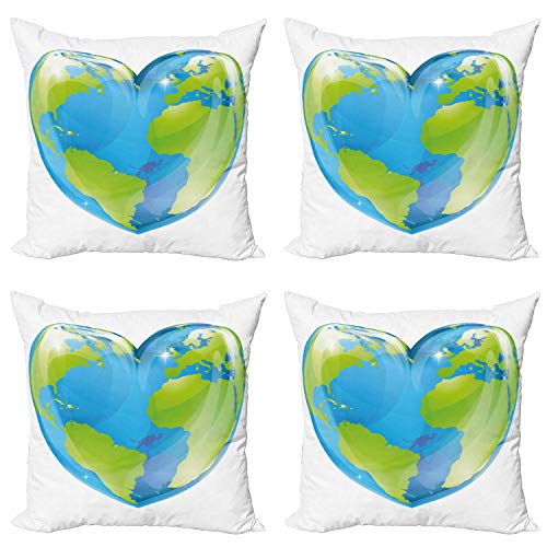 ABAKUHAUS Tierra Set de 4 Fundas para Cojín, Forma Vibrante Globo del corazón, Estampado Digital en Ambos Lados y Cremallera, 60 cm x 60 cm, Azul pálido Verde Lima