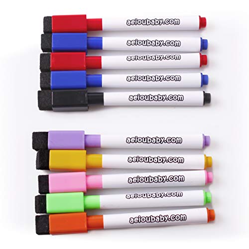 aeioubaby.com 10 Rotuladores Magnéticos para Pizarra Blanca con Borrador Incorporado | Especial borrado en seco | Set Colores Variados | Pack Ideal para el Hogar, Escuela y Oficina