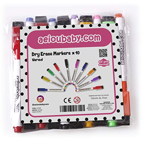 aeioubaby.com 10 Rotuladores Magnéticos para Pizarra Blanca con Borrador Incorporado | Especial borrado en seco | Set Colores Variados | Pack Ideal para el Hogar, Escuela y Oficina