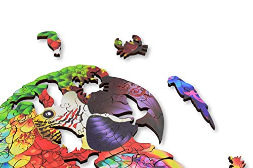 ANIWOOD Puzzle de Madera con Forma de Animal. Tapa troquelada a tamaño Real del Puzzle. Contiene Piezas únicas de Animales (Medium, Loro)