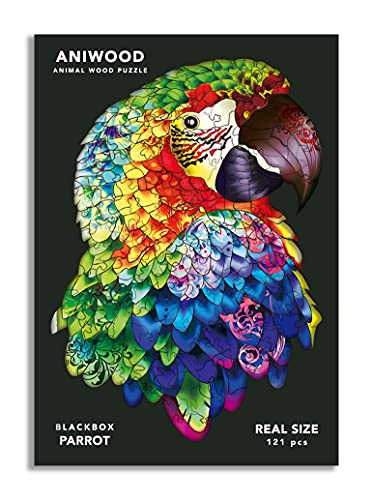 ANIWOOD Puzzle de Madera con Forma de Animal. Tapa troquelada a tamaño Real del Puzzle. Contiene Piezas únicas de Animales (Medium, Loro)