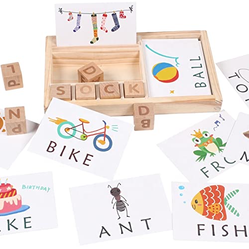 Aprender a leer ingles, alfabeto montessori, Juego educativo, Juegos de Ortografía, Juego Divertido, Juego de Letras de Madera con Tarjetas de Vocabulario, ABC Montessori Regalo para niños 3 4 5 años