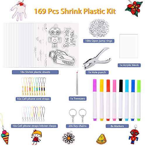 Auihiay 169 piezas retráctil kit de láminas de plástico incluye 12 papeles retráctiles en blanco, 6 películas retráctiles estampadas y accesorios de joyería para artesanías creativas