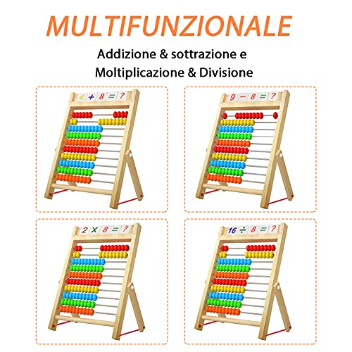 Bestdon Ábaco, Abacus Para Niños de Madera Juguetes, Marco de Cuentas para Contar y Aritmética, 100 Cuentas Multicolores con Palos de Conteo, Tarjetas Numéricas del Alfabeto