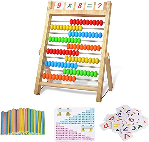 Bestdon Ábaco, Abacus Para Niños de Madera Juguetes, Marco de Cuentas para Contar y Aritmética, 100 Cuentas Multicolores con Palos de Conteo, Tarjetas Numéricas del Alfabeto