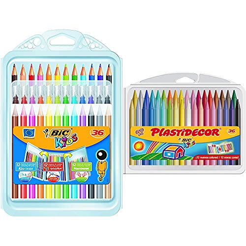 Bic kids set para colorear 12 rotuladores/12 lápices para colorear/12 ceras + Kids Ceras de Colores para Niños, Plastidecor, Colores Surtidos, Óptimo Para Colorear y Dibujar
