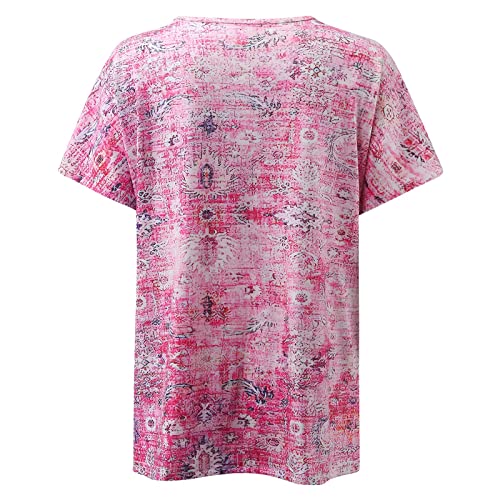 Camiseta de manga corta de gran tamaño, camiseta para mujer con impresión elegante, cuello redondo, manga corta, suéter informal, Rosa., M