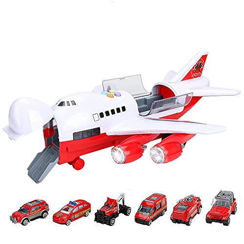 CestMall Trucks Coche Avión Juguetes Juego de extinción de Incendios Transporte Vehículo de Carga, Juguete Educativo Avión electrónico Grande con 6 Coches y 11 señales de tráfico Juego de Juguete de