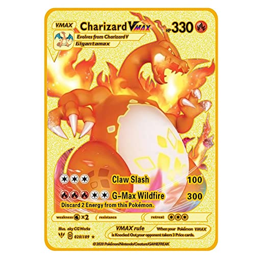 Charizard Gold Vmax DX GX tarjeta de metal chapado en oro, tarjeta chapada en oro, el mejor regalo para coleccionistas y niños (3 piezas)