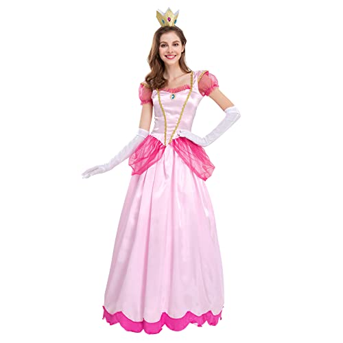 Conjunto Princess Peach Vestir Disfraz De Super Mario con Corona y Guantes Luigi Lego Stage Ropa De Fiesta Adulta Queen para Ropa Femenina De Halloween Carnaval, Cosplay, Fiesta, Cumpleaños Rosado M