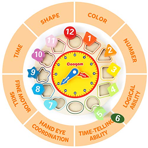 Coogam Reloj de Aprendizaje Wood Shapes - Tiempo de enseñanza Bloques de números Apilador Clasificador Montessori Puzzle Aprendizaje temprano Juguete Educativo Regalo