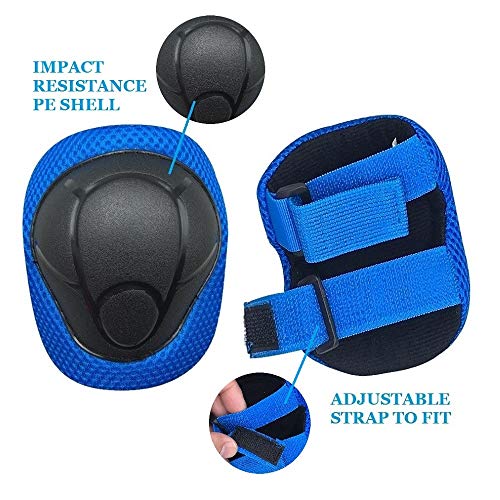 COOLGO Juego de equipo de protección para niños, rodilleras, coderas, muñequeras, 6 unidades, para monopatín multideportes, patinaje en línea, patines de ciclismo, bicicleta BMX (azul)