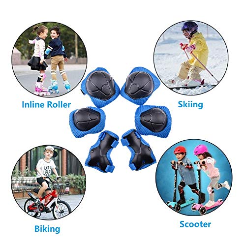 COOLGO Juego de equipo de protección para niños, rodilleras, coderas, muñequeras, 6 unidades, para monopatín multideportes, patinaje en línea, patines de ciclismo, bicicleta BMX (azul)